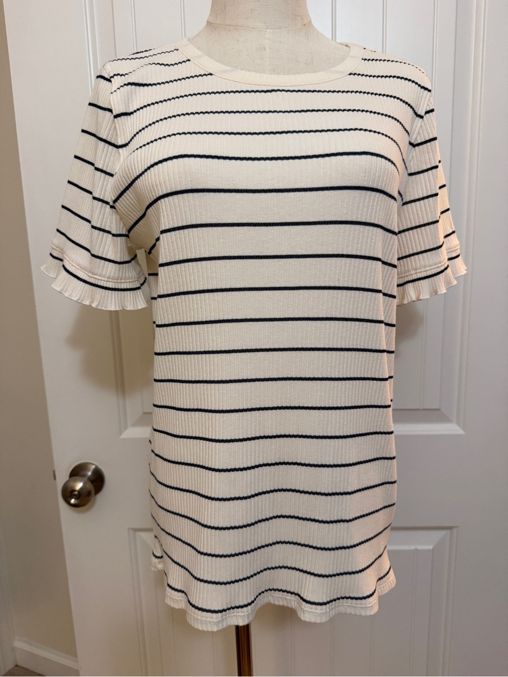 J. Crew Cream Short Sleeve Ribbed Tee with Black Stripes